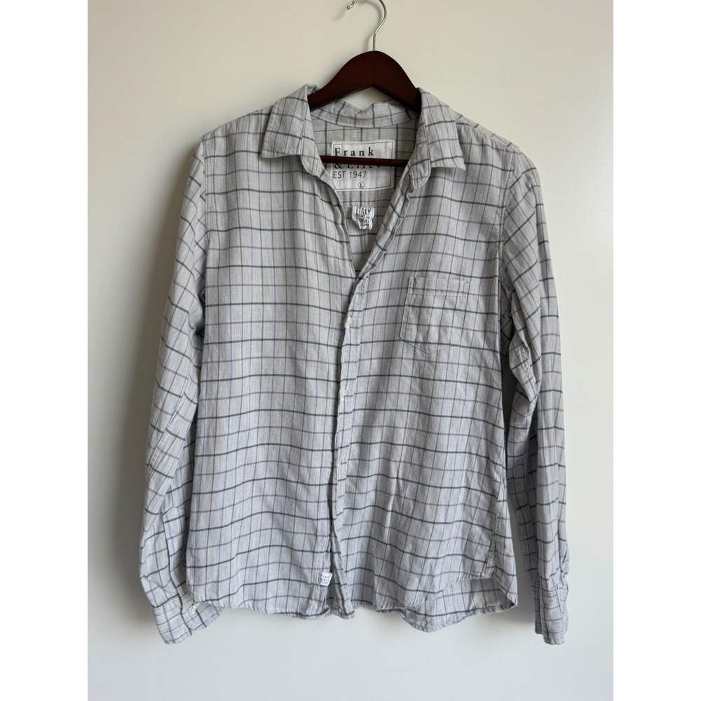 Frank & Eileen Barry Shirt Grey Blue Tan‎ Button Down Women Large cotton plaid